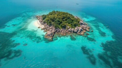 Fototapeta na wymiar Aerial view of a paradisiacal island, stunning and idyllic, in the middle of the sea, generative ai