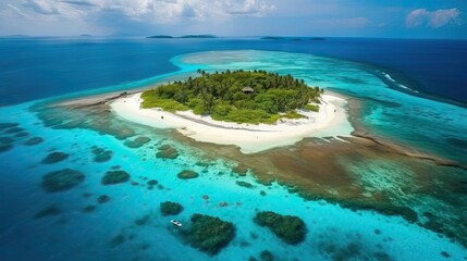 Obraz premium Aerial view of a paradisiacal island, stunning and idyllic, in the middle of the sea, generative ai