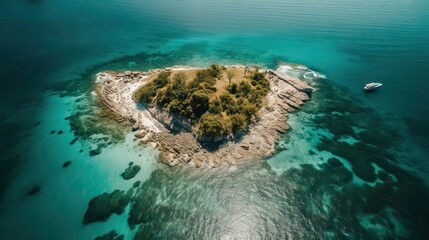 Aerial view of a paradisiacal island, stunning and idyllic, in the middle of the sea, generative ai