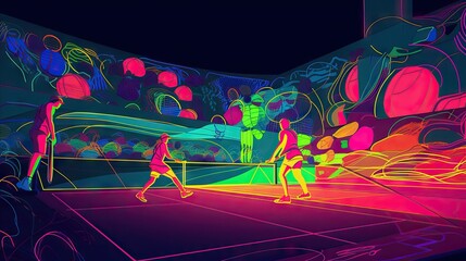 A neon-lit tennis match, vibrant and energetic atmosphere, generative ai