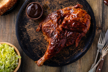 Barbeque smoked half chicken with salad and toast