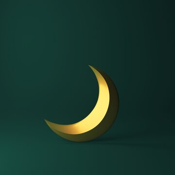 crescent 3d render made of gold metal with green background 