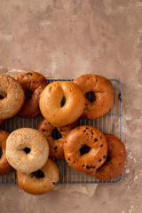 Variety of freshly baked bagels on a cooling rack
