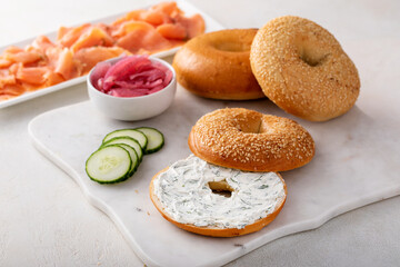 Freshly baked bagels served with dill cream cheese and salmon
