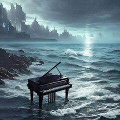 The piano is filled with sea waves on a rocky beach, against the backdrop of an epic city. Landscape with piano, sea and city in the background. Generative, AI, Generative AI