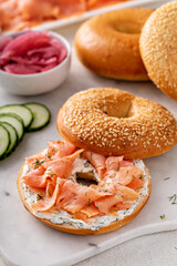 Freshly baked bagels served with dill cream cheese and salmon
