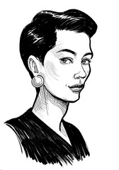 Pretty girl with haircut. Hand-drawn ink on paper black and white illustration