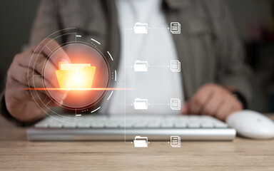 Man hand transferring files in virtual screen for sent document. Data transfer, Transfer file of...