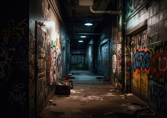 Fototapeta premium A deserted alleyway with graffiti-covered walls