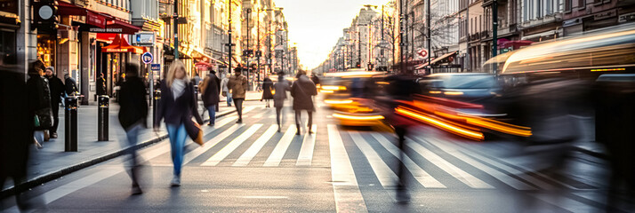 Lots of people walking around the city. Shot of cars and people in movement with motion blur. Blurred image, wide panoramic view of the road with people at sunset. - obrazy, fototapety, plakaty