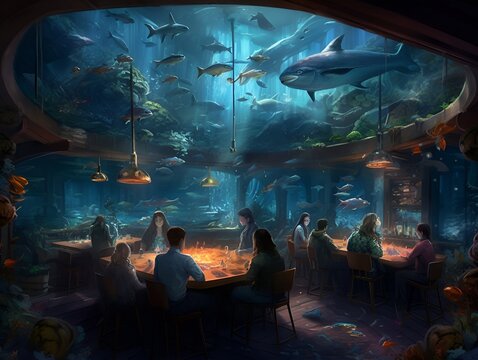 People eating in a fancy seafood restaurant with candles on the tables. They are surrounded by a round glass acquarium wall with colorful coral, seaweed, fish, and sharks swimming in the aquarium.