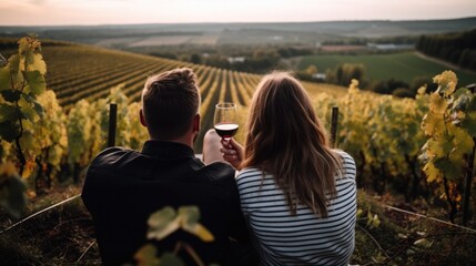 couple enjoying a wine tasting at a vineyard generative ai