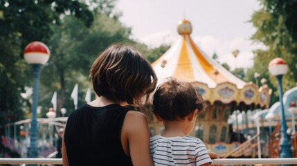 mother and child enjoying a day at an amusement park, generative ai