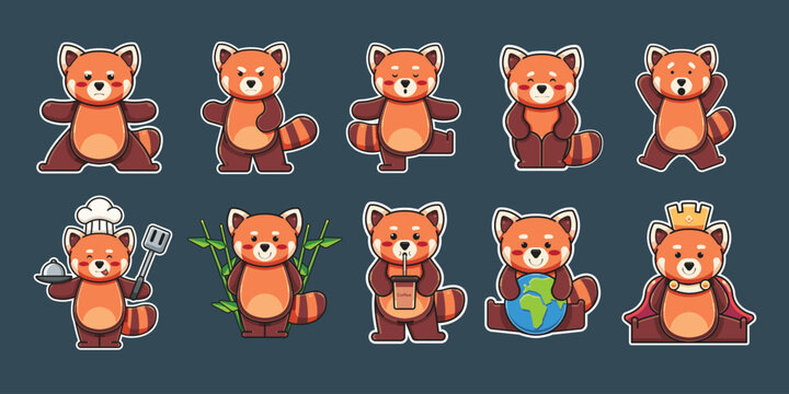 illustration of a red panda character in various poses and expressions