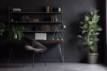 interior chair wall shelves desk workspace pc furniture lifestyle mockup gray wooden. Generative AI. Generative AI