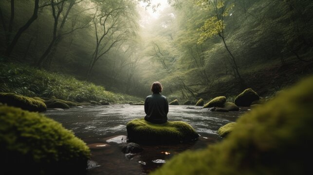 Person Meditating In A Tranquil Natural Setting, Generative Ai