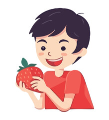 Smiling child holding fresh strawberry, eating healthy Generative AI