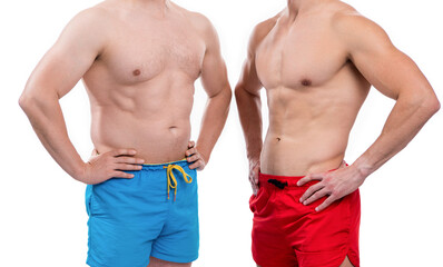 Fototapeta na wymiar photo of diet and sport for two body comparison. diet and sport for body comparison of men