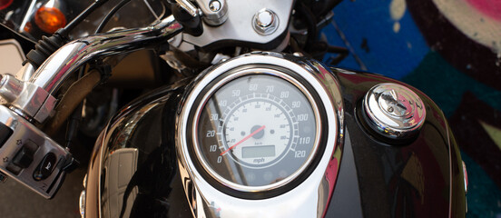 custom motorcycle steering wheel handlebar with tachometer and speedometers control levers detailed