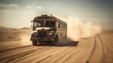 Fototapeta na wymiar Highly customized rusty bus rushes through the desert. Generative AI