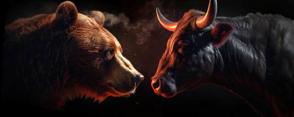 Majestic brown bear and black bull face to face. Surrounded by fire and smoke, isolated on black background. Generated by Ai