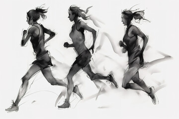 Silhouettes of the women runners. Charcoal drawing, generative art