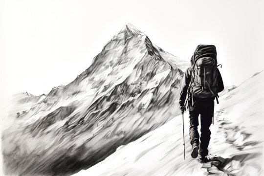 Rear view of hiker with backpack on the move in the mountains. Charcoal drawing, generative art