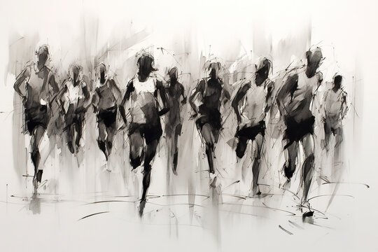 Silhouettes of the marathon runners. Charcoal drawing, generative art