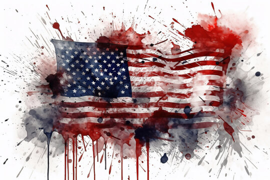 Independence day. USA flag, isolated on white background. Abstract illustration, paint with drips, spatter and smudge. Generative art