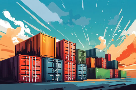 Shipping Containers, Abstract Background In Vector Style, Corporate Colors. Generative Art