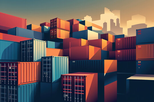 Shipping Containers, Abstract Background In Vector Style, Corporate Colors. Generative Art