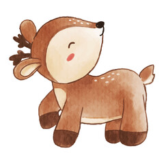 Deer is standing . Watercolor paint design . Cute animal cartoon character . Vector .