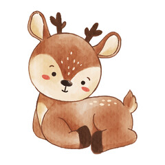 Deer is lying down . Watercolor paint design . Cute animal cartoon character . Vector .