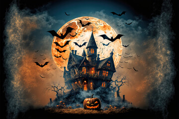 Halloween Haunted House with Pumpkins and a Full Moon - Ai Generative