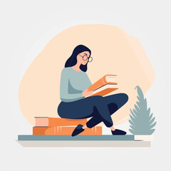 woman reading a book focused, vector illustration