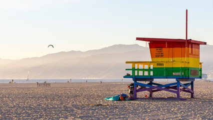 The life guard tower painted in the LGBT colors located on the sand of Venice Beach California USA taken on February 5th 2023