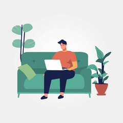 man sitting on sofa working on laptop