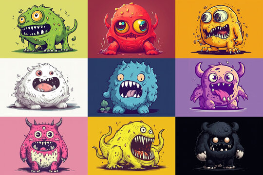 Set of cute cartoon monsters, various colors. Generative art
