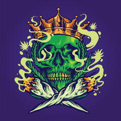 Human skull wearing royal crown smoking marijuana joint illustrations vector for your work logo, merchandise t-shirt, stickers and label designs, poster, greeting cards advertising business