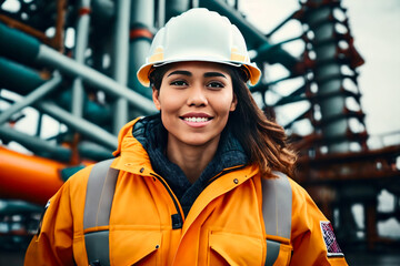 Portrait of the female oil worker in an orange vest a white construction helmet, sea oil rig background. Generative AI
