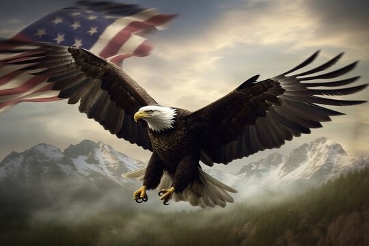 bald eagle with open wings with the mountains and american flag as background patriotism