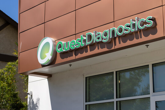 Alhambra, CA, USA - May 11, 2022: Quest Diagnostics logo is seen at its office in Alhambra, California. Quest Diagnostics is an American clinical laboratory.