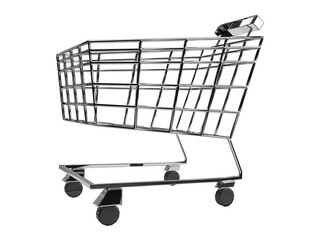 Isolated Side View of Shopping Cart or Trolley on White Background, 3D Render Illustration.