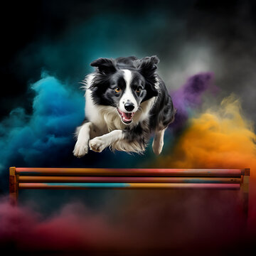 A Border Collie running and jumping over obstacles in the middle of colorful smoke coming out of his back, dark background 03. AI Generative