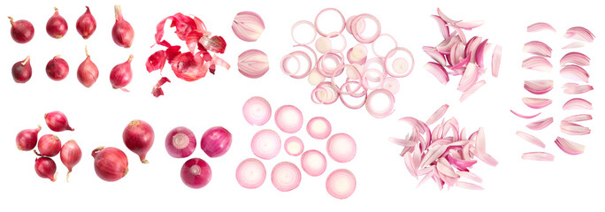 Set of red onion whole bulbs and pieces, isolated on white background