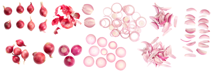 Set of red onion whole bulbs and pieces, isolated on white background
