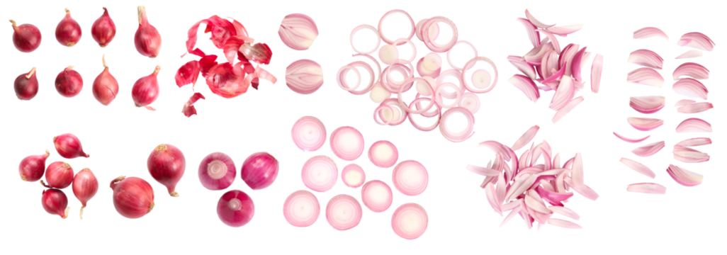Set of red onion whole bulbs and pieces, isolated on white background