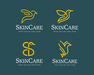 Vector Set of Letter S bird monoline with elegant style logo design for skin care and beauty