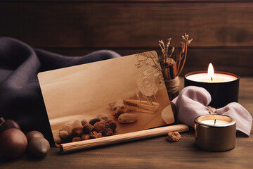 Spa still life concept. Close up with gift voucher and burning candle