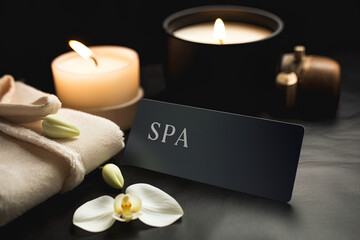 Gift voucher, white orchid flower, burning candles on the table. Spa concept